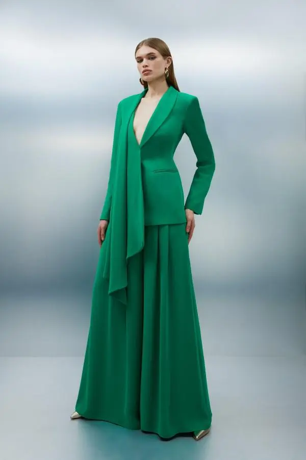 Soft Tailored Waist Wide Leg Trousers - Green