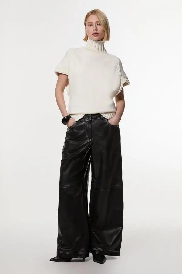 Leather Contrast Stitch 5 Pocket Straight Leg Jeans - Black