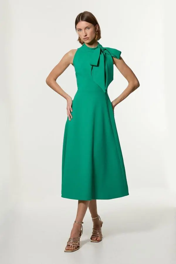 Compact Stretch Bow Tie Neck Full Skirted Midi Dress - Green
