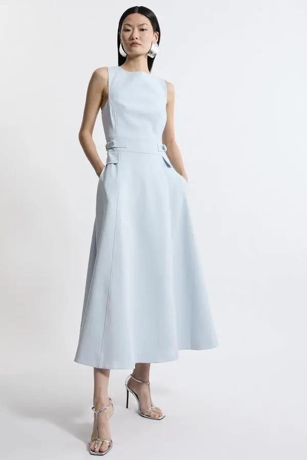 Petite Compact Stretch Tab Waist Detail Full Skirt Midi Dress - Pale Blue