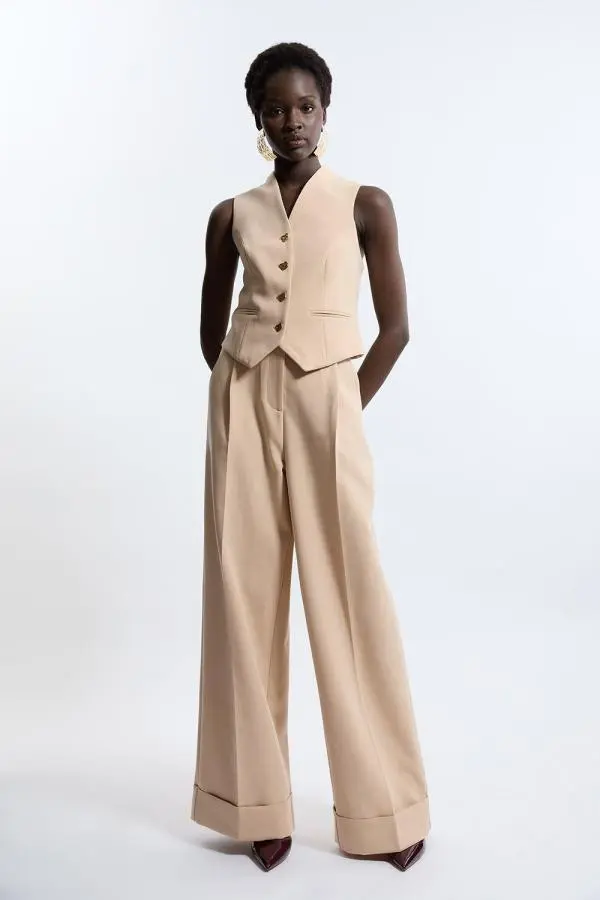 Petite Essential Tailored Wide Leg Trousers - Beige