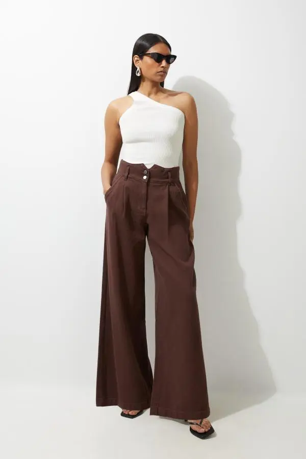 Denim Wide Leg Trousers - Brown