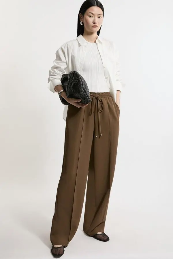 Twill Tie Waist Woven Straight Leg Trouser - Khaki/Green