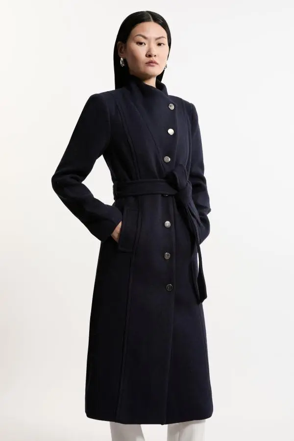 Tailored Wool Blend Asymmetric Button Neck Belted Midi Coat - Navy