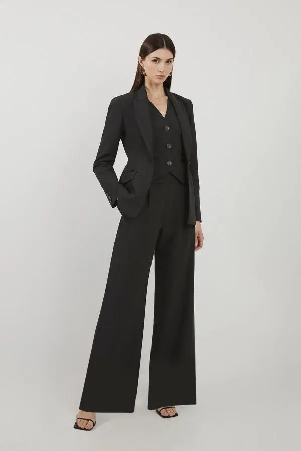 Petite Clean Tailored Grosgrain Tipped Wide Leg Trousers - Black