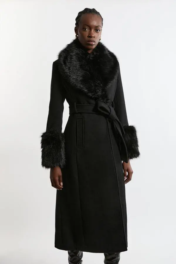 Wool Blend Detachable Faux Fur Belted Midi Coat - Black