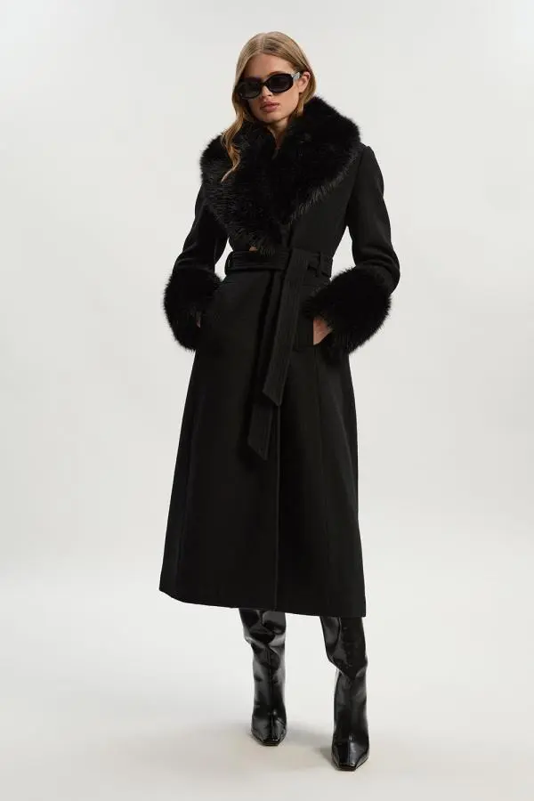 Wool Blend Detachable Faux Fur Belted Midi Coat - Black