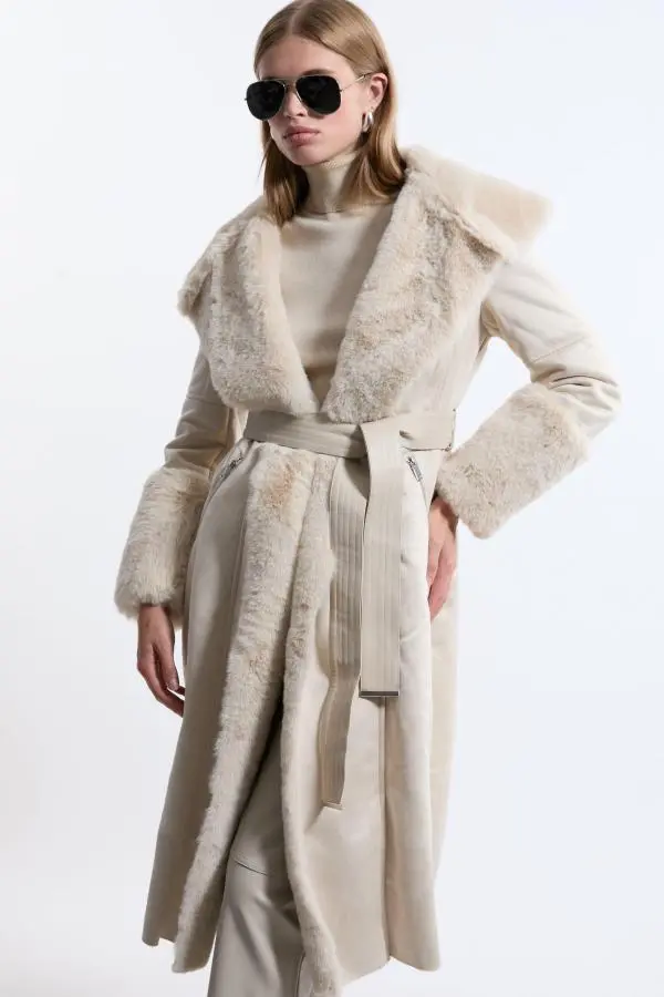 Petite Faux Shearling Collar & Cuff Belted Long Coat - Ivory