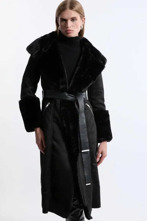 Petite Faux Shearling Collar & Cuff Belted Long Coat - Black