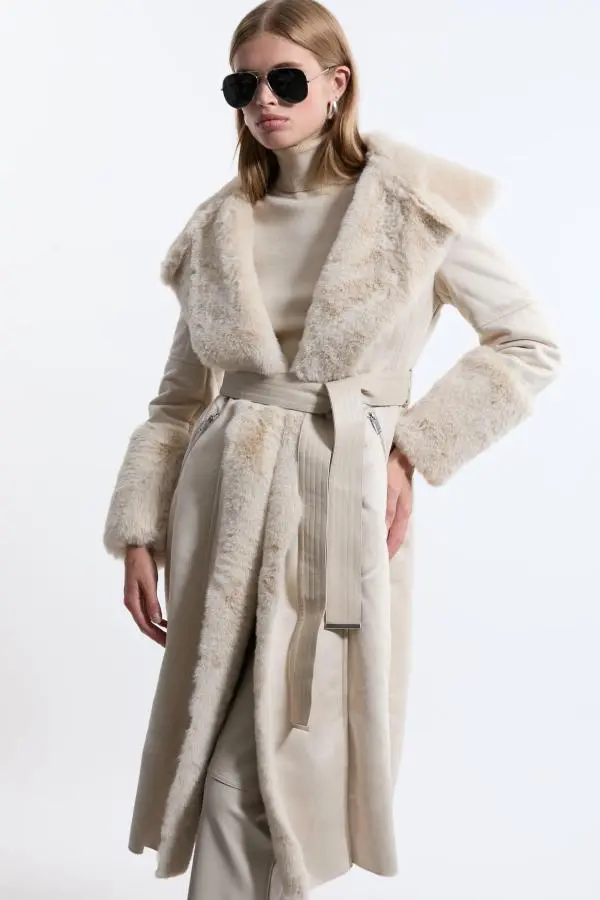 Faux Shearling Collar & Cuff Belted Midi Coat - Ivory