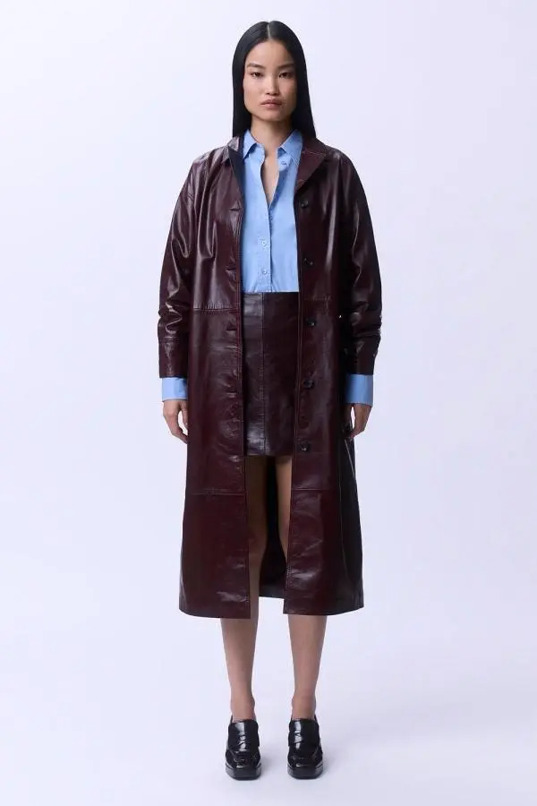 High Shine Leather Clean Trench Coat - Red