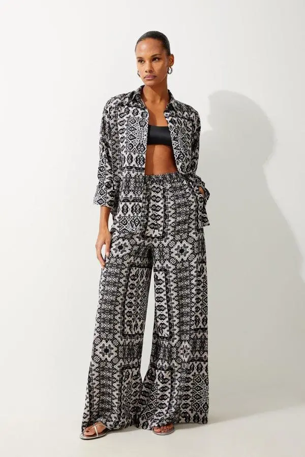 Tile Print Spun Viscose Beach Trousers - Mono