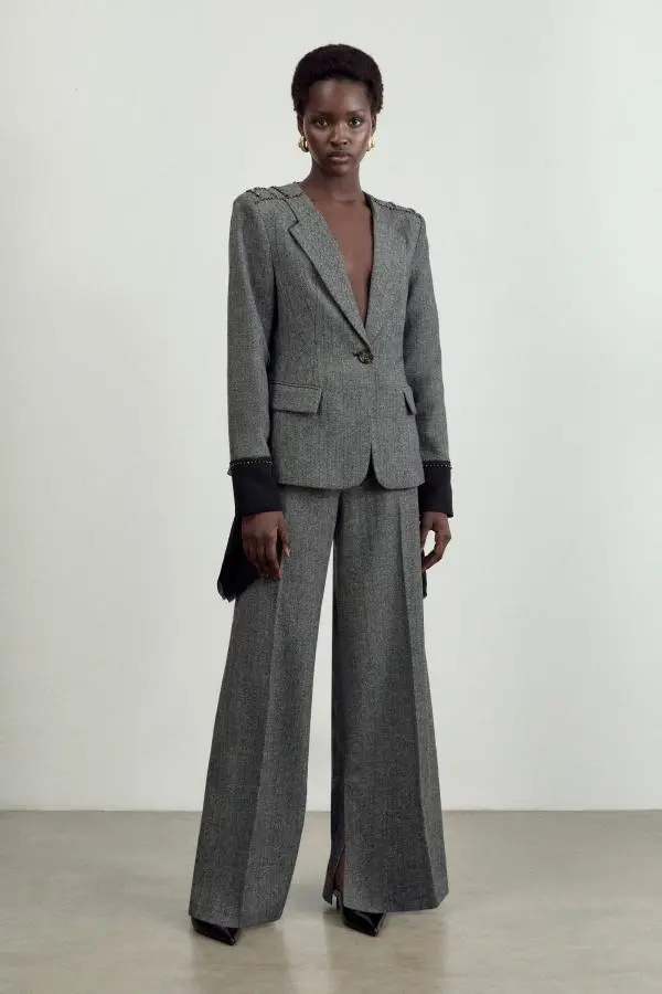 The Founder Herringbone Tailored Wide Leg Trousers - Mono