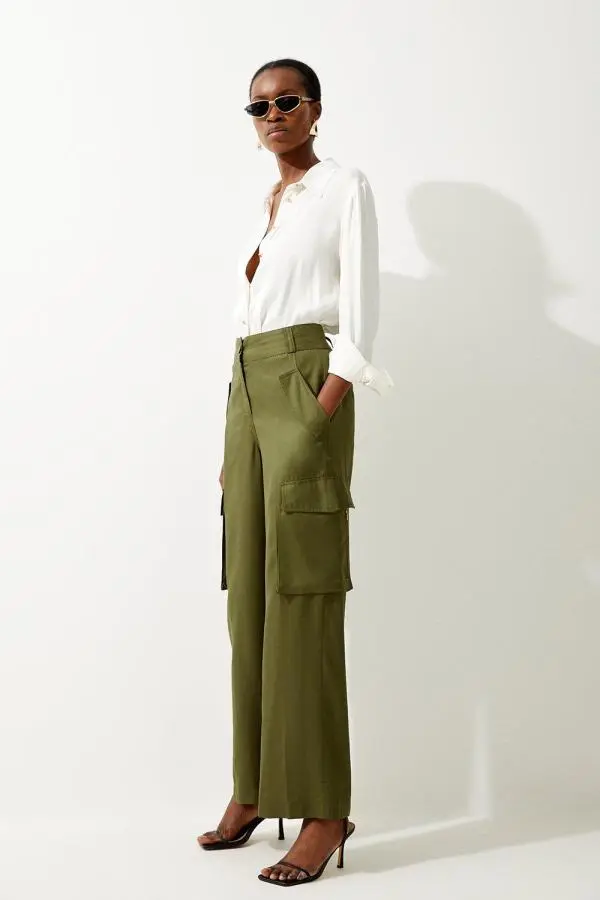Twill Utility Wide Leg Woven Trouser - Khaki/Green
