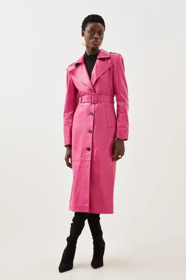Leather Structured Collared Belted Coat - Pink