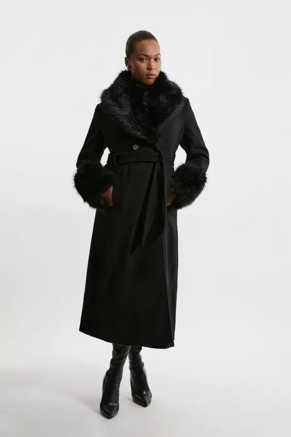 Plus Size Wool Blend Detachable Faux Fur Belted Midi Coat - Black