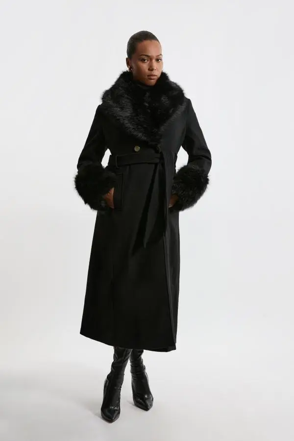 Plus Size Wool Blend Detachable Faux Fur Belted Midi Coat - Black