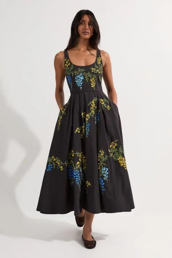 Petite Floral Embroidered Cotton Linen Woven Prom Dress - Black