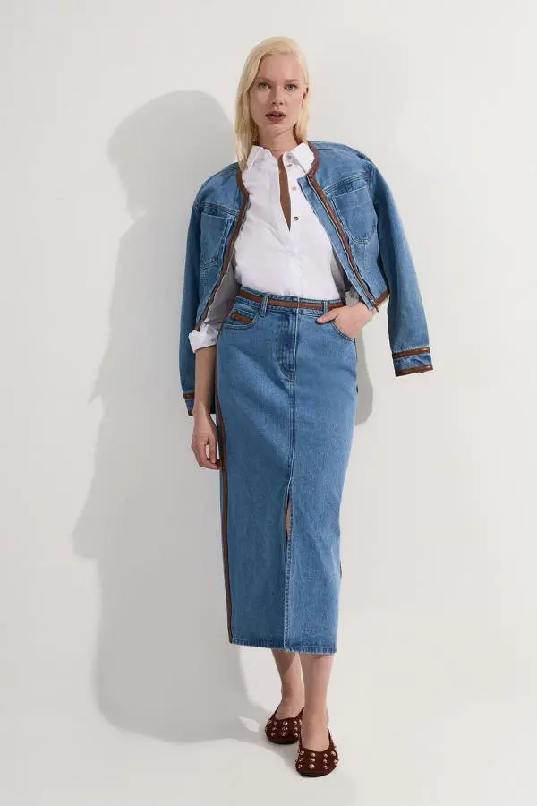 Denim & Faux Leather Tipped Side Pencil Midi Skirt - Light Blue