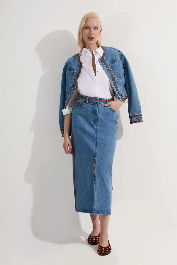 Denim & Faux Leather Tipped Side Pencil Midi Skirt - Light Blue