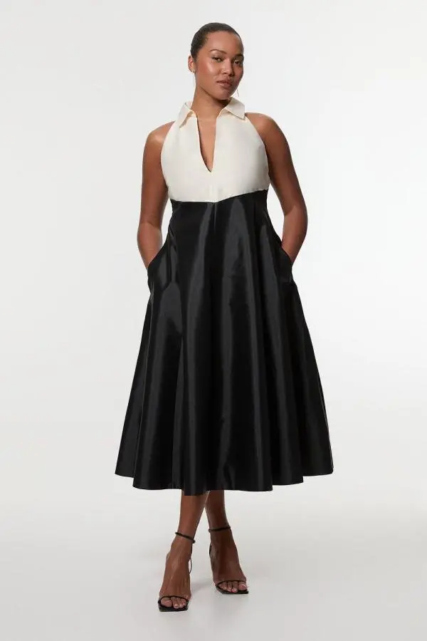 Plus Size Taffeta Contrast Tux Tailored Full Skirted Shirt Dress - Mono