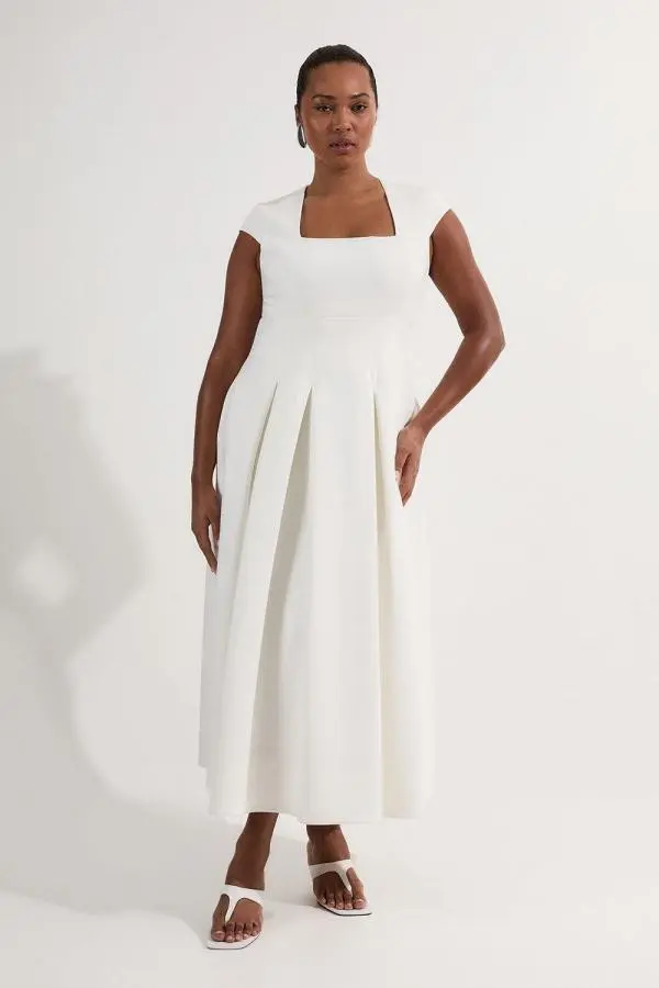 Plus Size Clean Tailored Square Neck Full Skirted Midi Dress - Ivory