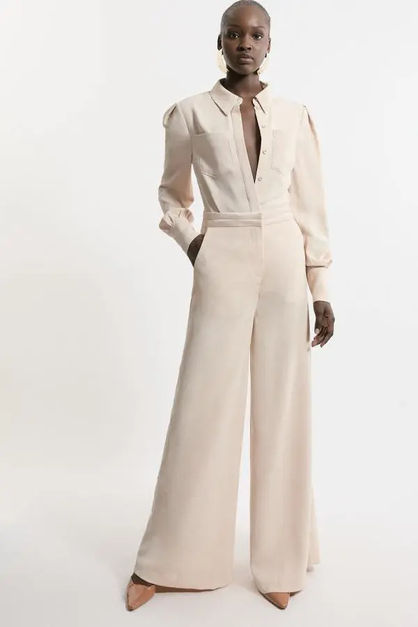 Satin Back Crepe Woven Wide Leg Trousers - Champagne