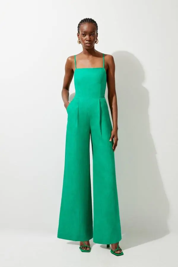 Premium Linen Tailored Halterneck Corset Back Wide Leg Jumpsuit - Green