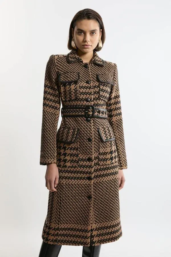 Houndstooth Check Pocket Detail Belted Pu Tipped Tailored Midi Coat