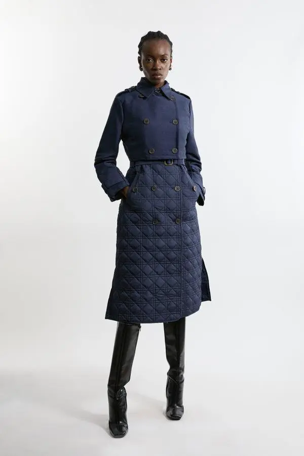 Hybrid Quilted Belted Trench Coat - Navy