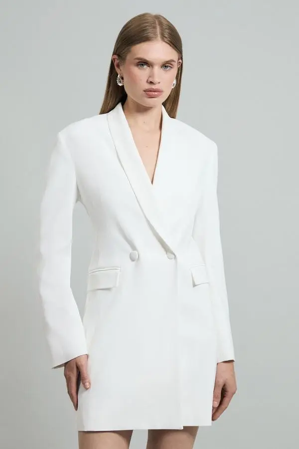 Polished Tailored Double Breasted cinch Detail Blazer Mini Dress - Ivory