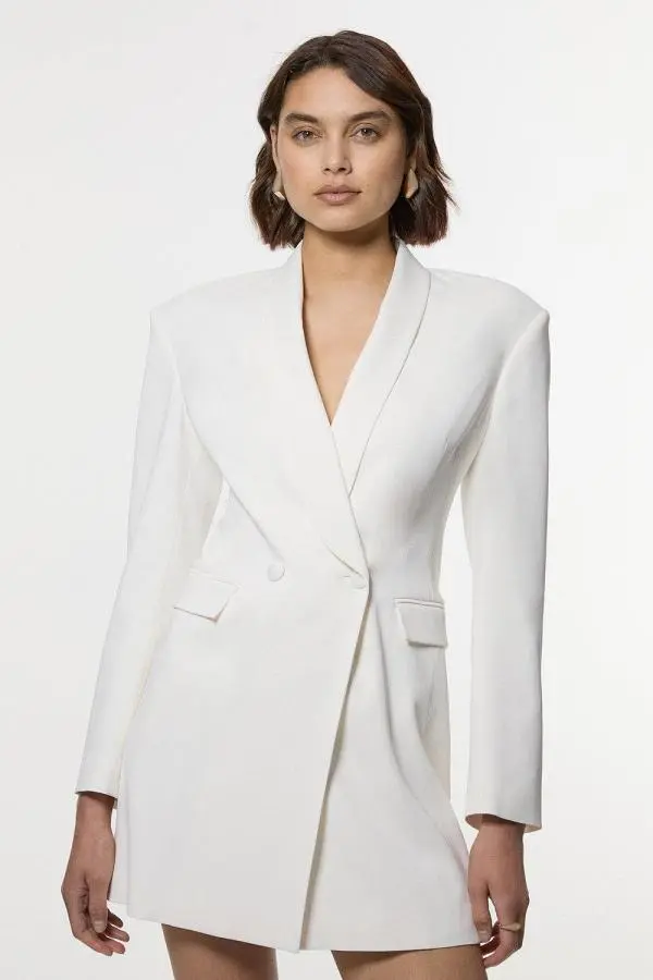 Polished Tailored Double Breasted Sinch Detail Blazer Mini Dress - Ivory