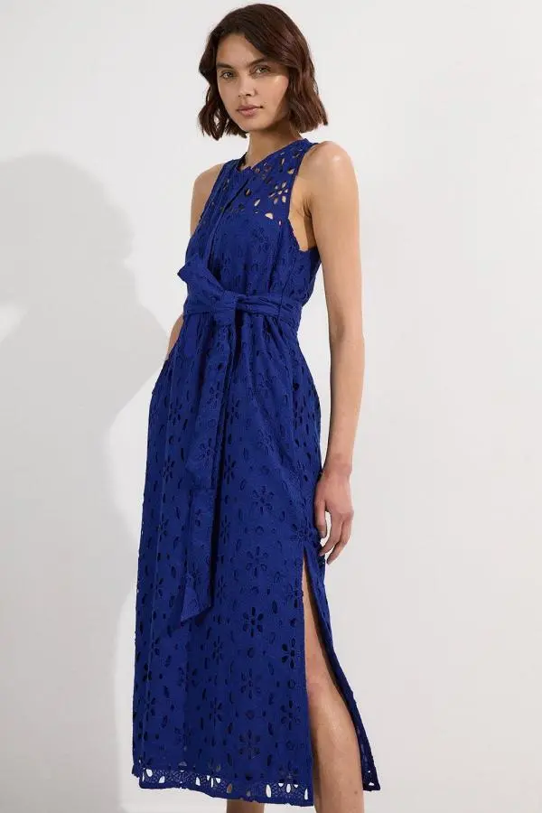 Cotton Broderie Sleeveless Belted Midi Woven Dress - Blue