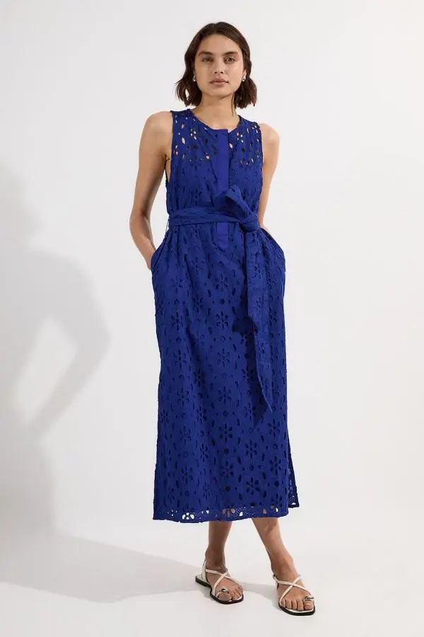 Cotton Broderie Sleeveless Belted Midi Woven Dress - Blue