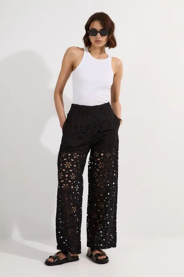 Cotton Broderie Woven Trouser - Black