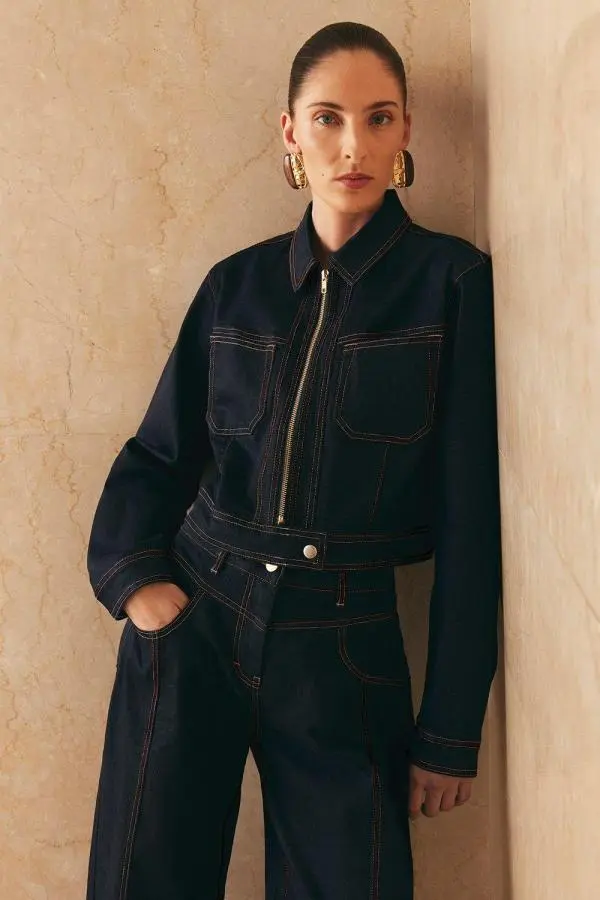 Indigo Denim Contrast Stitch Detail Zip Through Jacket - Indigo
