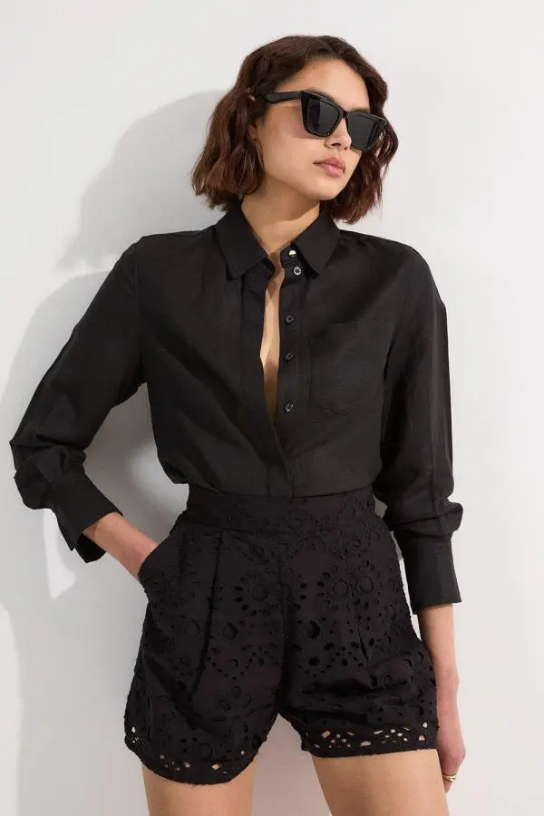 Cotton Broderie Woven Short - Black
