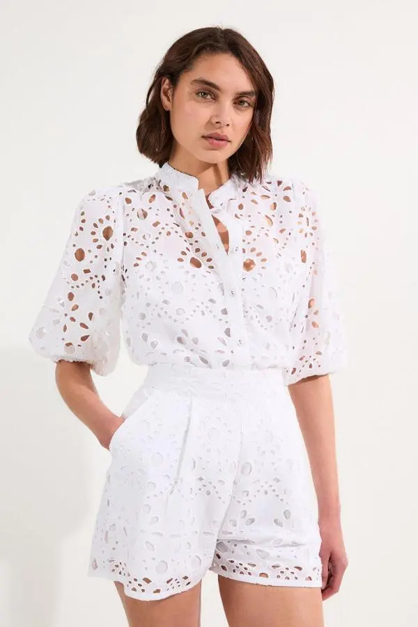 Cotton Broderie Woven Short - White