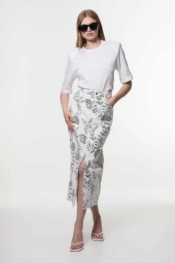 Denim All Over Floral Sequin Skirt - Ivory