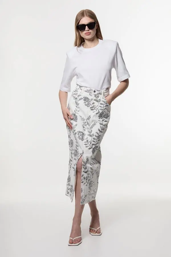 Denim All Over Floral Sequin Skirt - Ivory