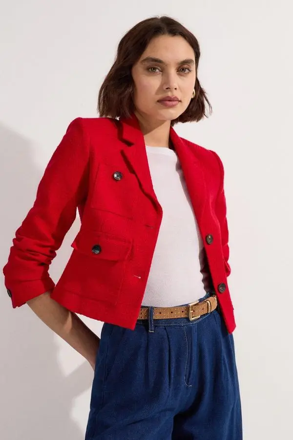 Petite Textured Tweed Cropped Tailored Jacket - Red