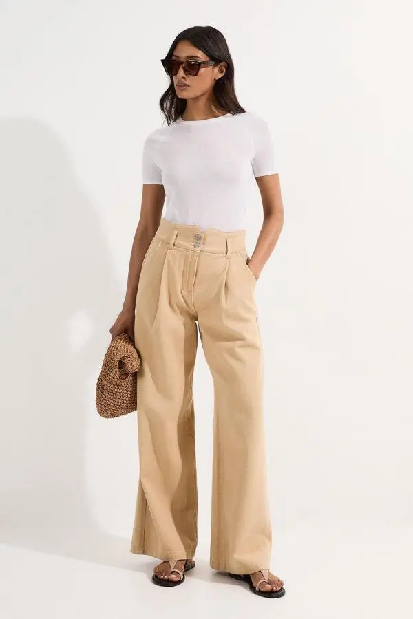 Denim Wide Leg Trousers - Brown