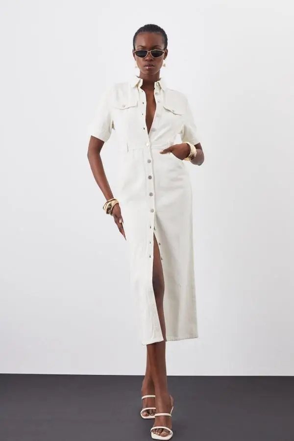 Petite Denim Maxi Shirt Dress - Cream
