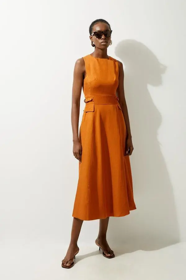 Premium Linen Tab Waist Detail Full Skirt Tailored Midi Dress - Tan