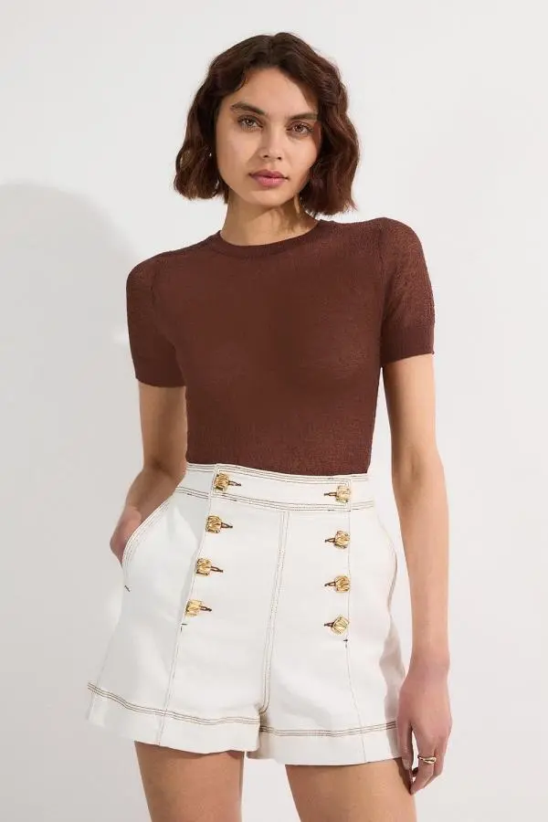 Denim Button Front Tailored Shorts - Ivory