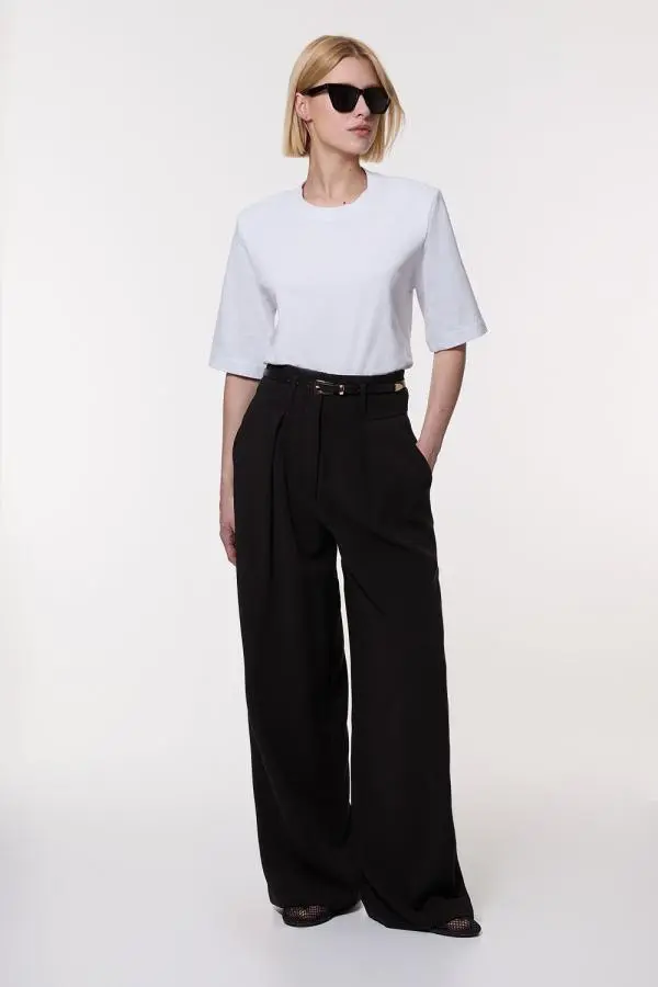 Tall Compact Stretch Essential Tailored High Waist Wide Leg Trouser - Black