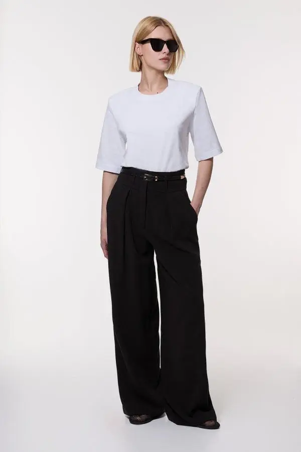 Petite Compact Stretch Essential Tailored High Waist Wide Leg Trouser - Black