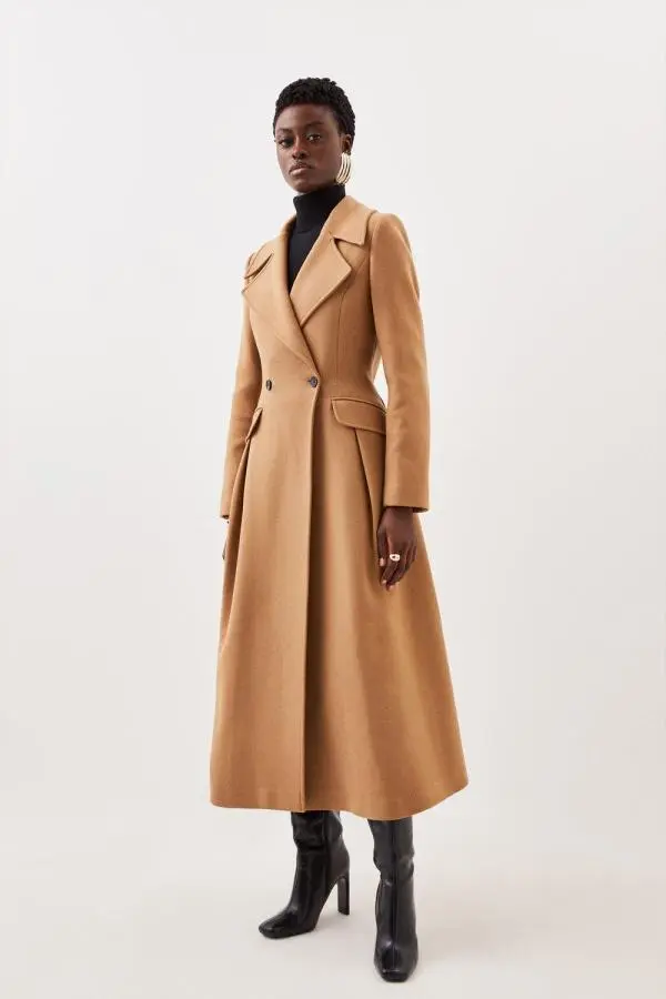 Italian Manteco Wool Blend Tailored Flared Skirt Midaxi Coat - Camel