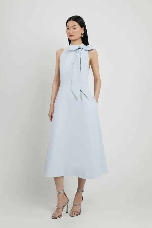 Compact Stretch Bow Tie Neck Full Skirted Midi Dress - Pale Blue