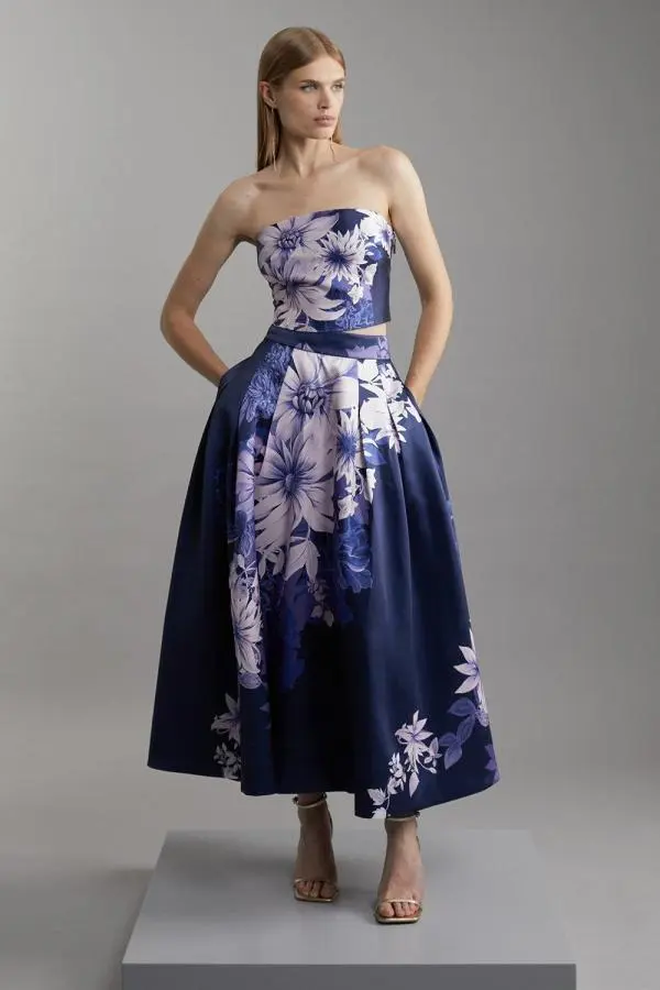 Petite Large Scale Floral Print Woven Prom Midi Skirt - Navy